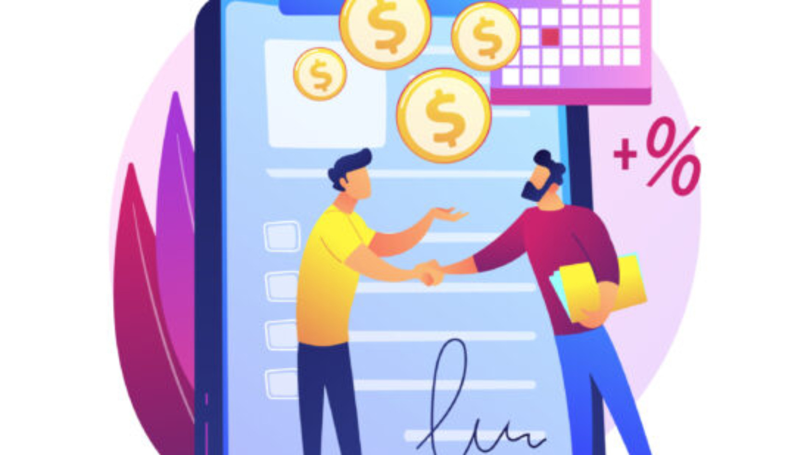 Financial obligation document. Promissory bill, loan agreement, debt return promise. Issuer and payee signing contract. Businessmen making deal. Vector isolated concept metaphor illustration