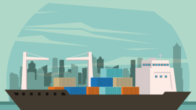 transportation cargo merchandise ship making travel with containers in distribution route crossing city cartoon vector illustration graphic design