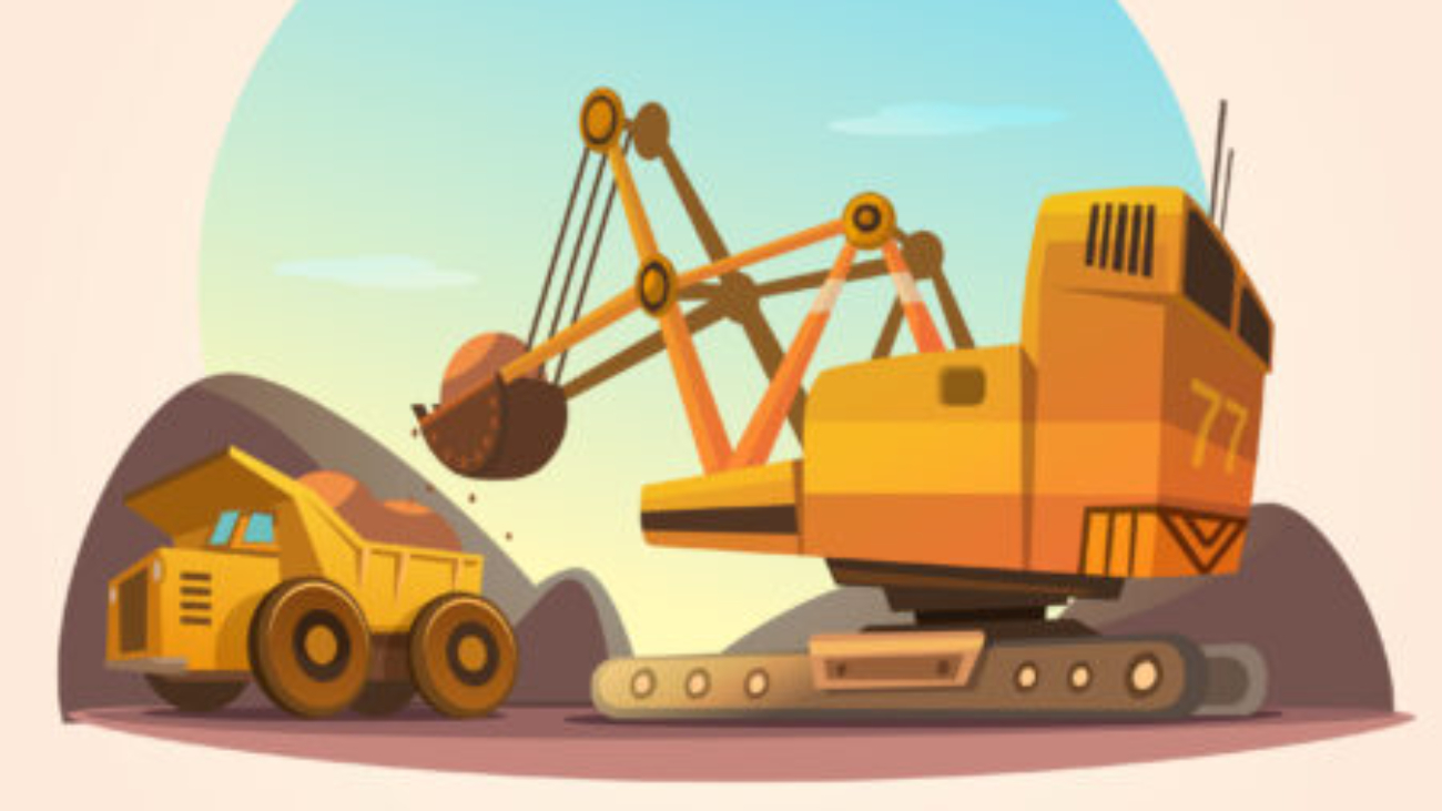 Mining concept with heavy industry machines and coal truck retro cartoon style vector illustration