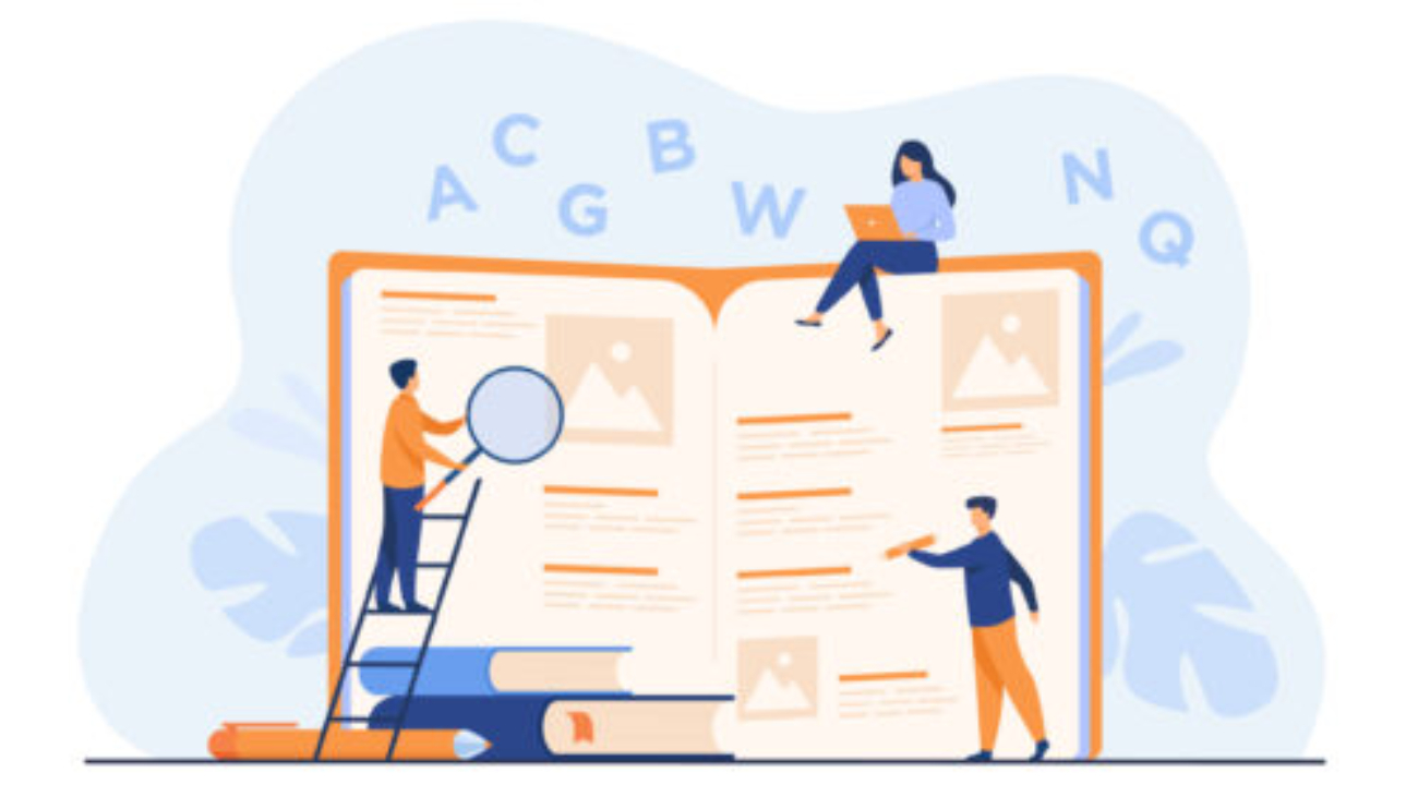 Students learning foreign language with vocabulary. Tiny people reading grammar book. Flat vector illustration for abc book, literature class, knowledge concept