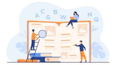 Students learning foreign language with vocabulary. Tiny people reading grammar book. Flat vector illustration for abc book, literature class, knowledge concept