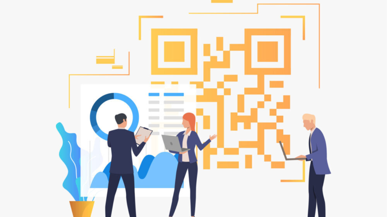 Business people discussing issues in office and big QR code. Identification, workflow, analytics concept. Vector illustration can be used for topics like business, finance, analysis