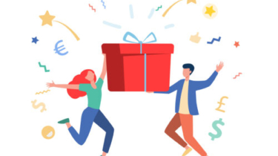 Couple winning prize. Man and woman holding gift box flat vector illustration. Lottery, present, birthday party concept for banner, website design or landing web page