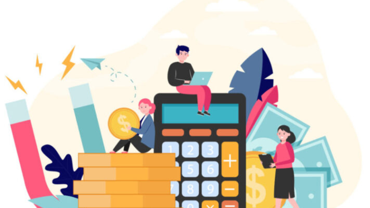 Money and income attraction. Business people working among calculator, cash and magnet. Flat vector illustration for finance, investment, loan, accounting, profit concepts