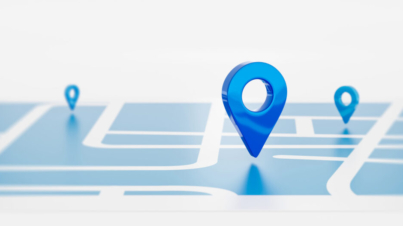 Blue location symbol pin icon sign or navigation locator map travel gps direction pointer and marker place position point design element on route graphic road mark destination background. 3D render.