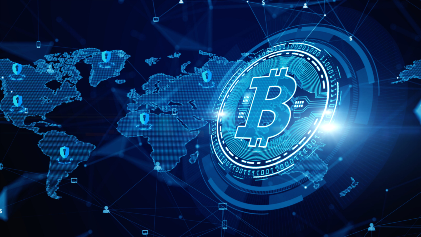 Bitcoin blockchain crypto currency digital encryption, Digital money exchange, Technology network connections background concept.