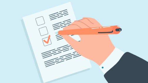 Hand checking box in document flat vector illustration. Man or businessman signing contract, voting in election or filling out ballot with red pen. Form, application, document concept