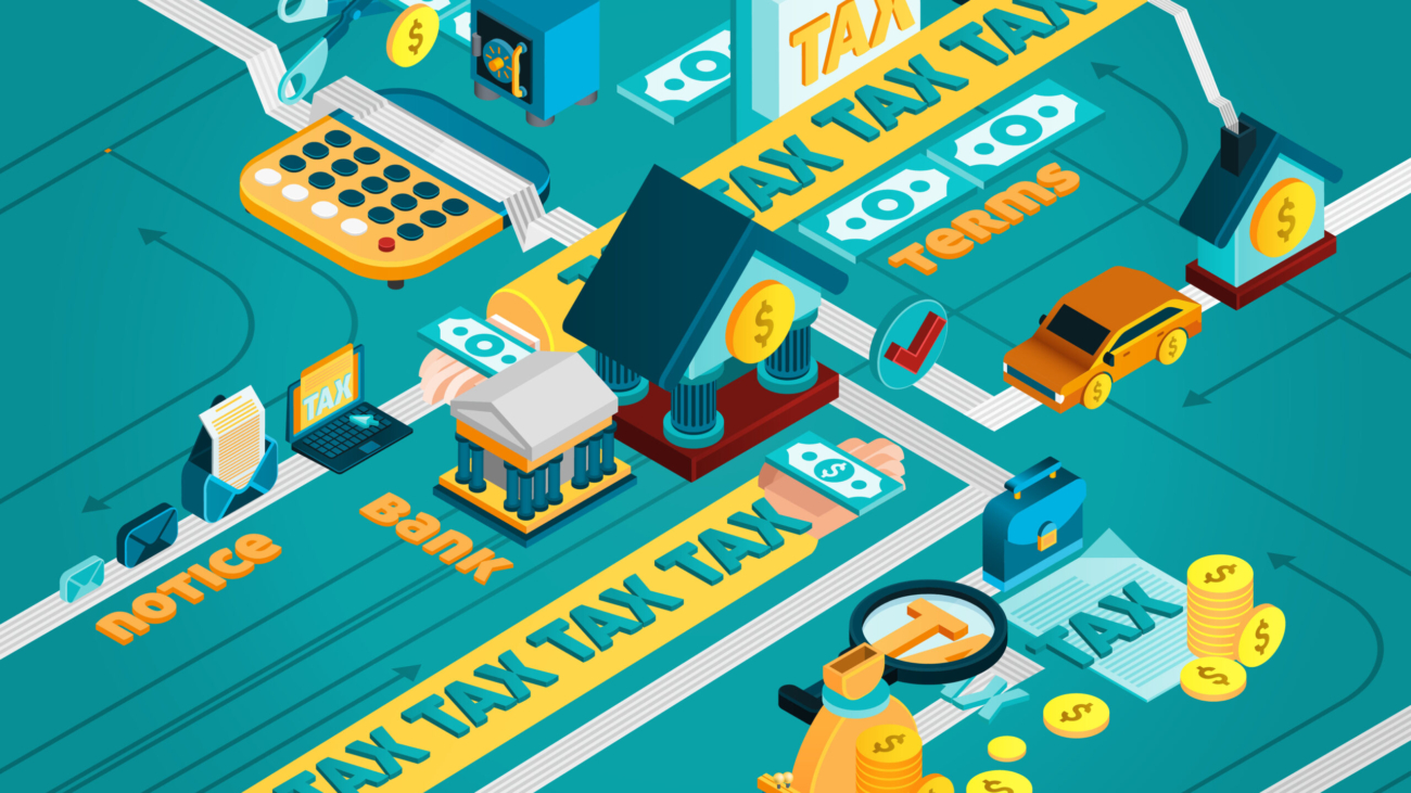 Tax isometric concept with tax calculation and payment symbols vector illustration