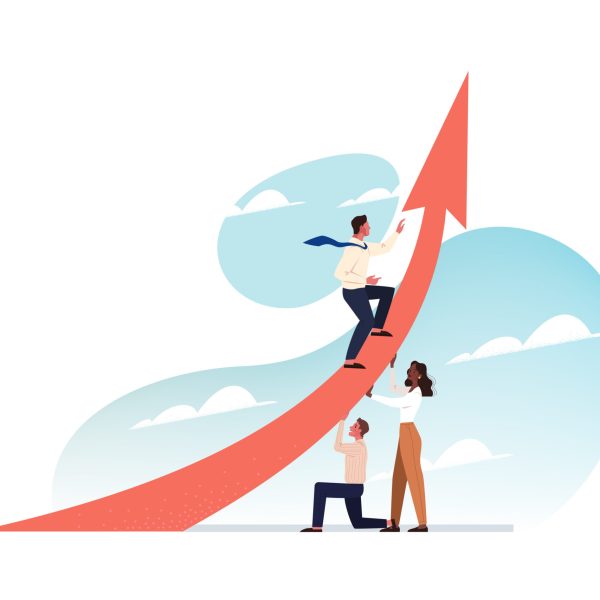 Leadership, teamwork, support, startup, career growth, business concept. Team of young happy businesspeople clerk managers help leader businessman boss climb on arrow. Career growth support, teamwork.